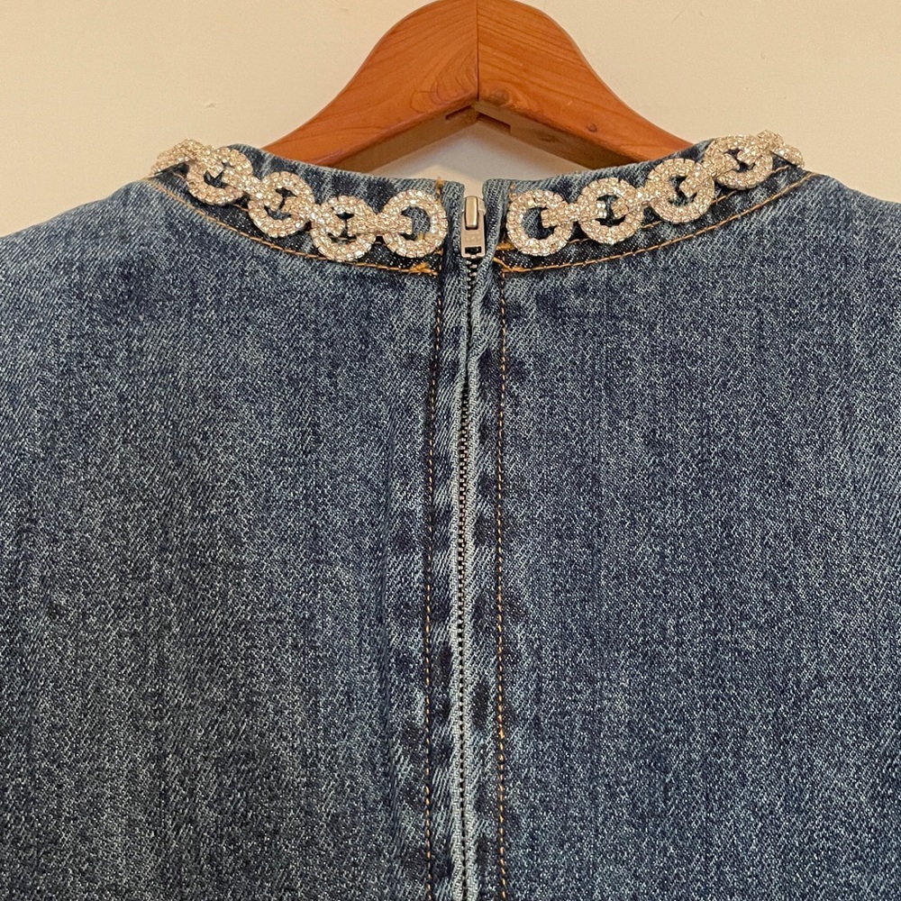 New Self Portrait Denim Crystal Trim Mini Dress size 4 - Picture 7 of 13